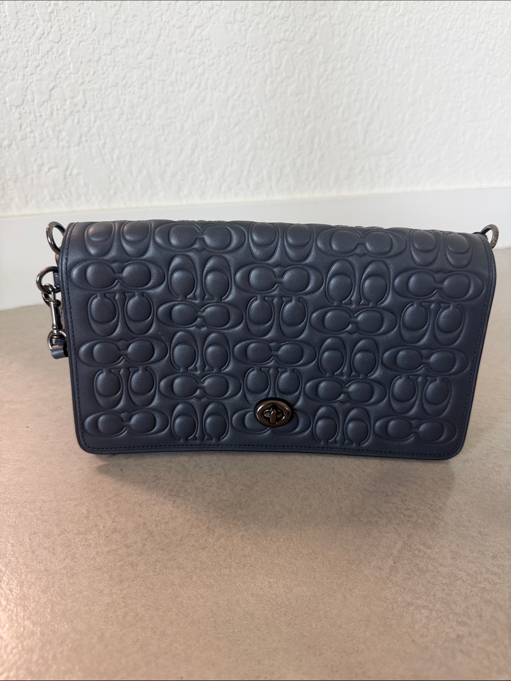 Coach Navy Embossed Leather Crossbody with Turnlock